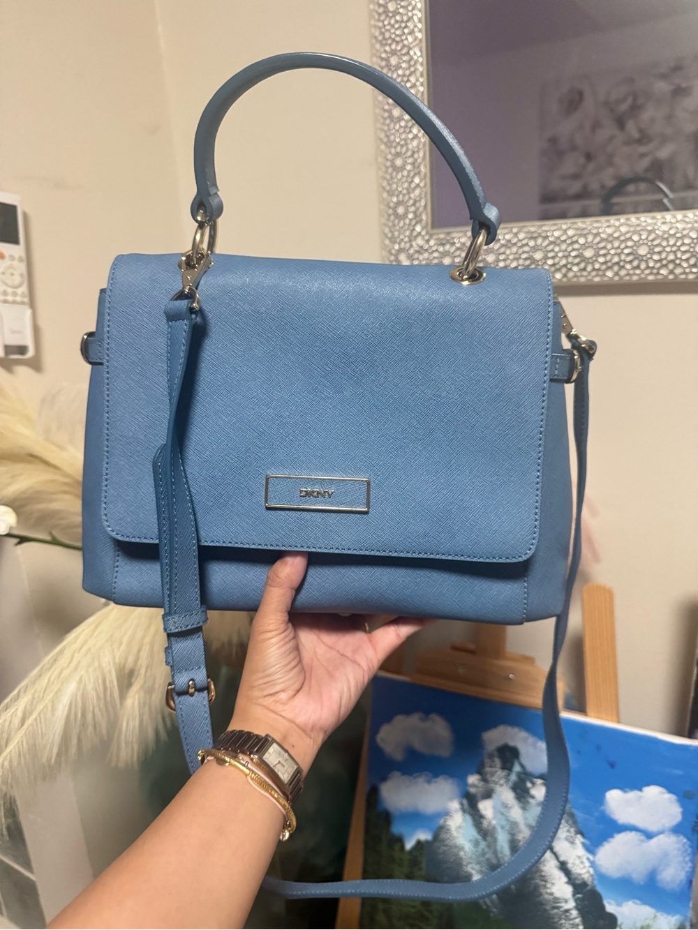 DKNY Blue Leather Top Handle Satchel with Removable Strap
